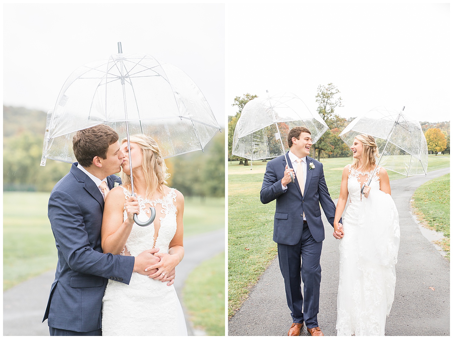 Bride and Groom with Umbrellas - Twin Oaks Golf and Plantation Club Wedding - Rainy Wedding Pictures