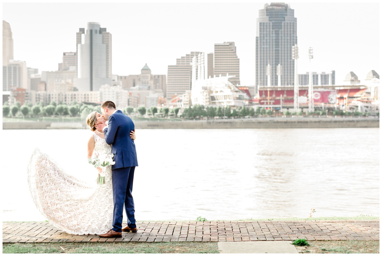 Bride and Groom with Cincinnati Skyline - Cincinnati Wedding