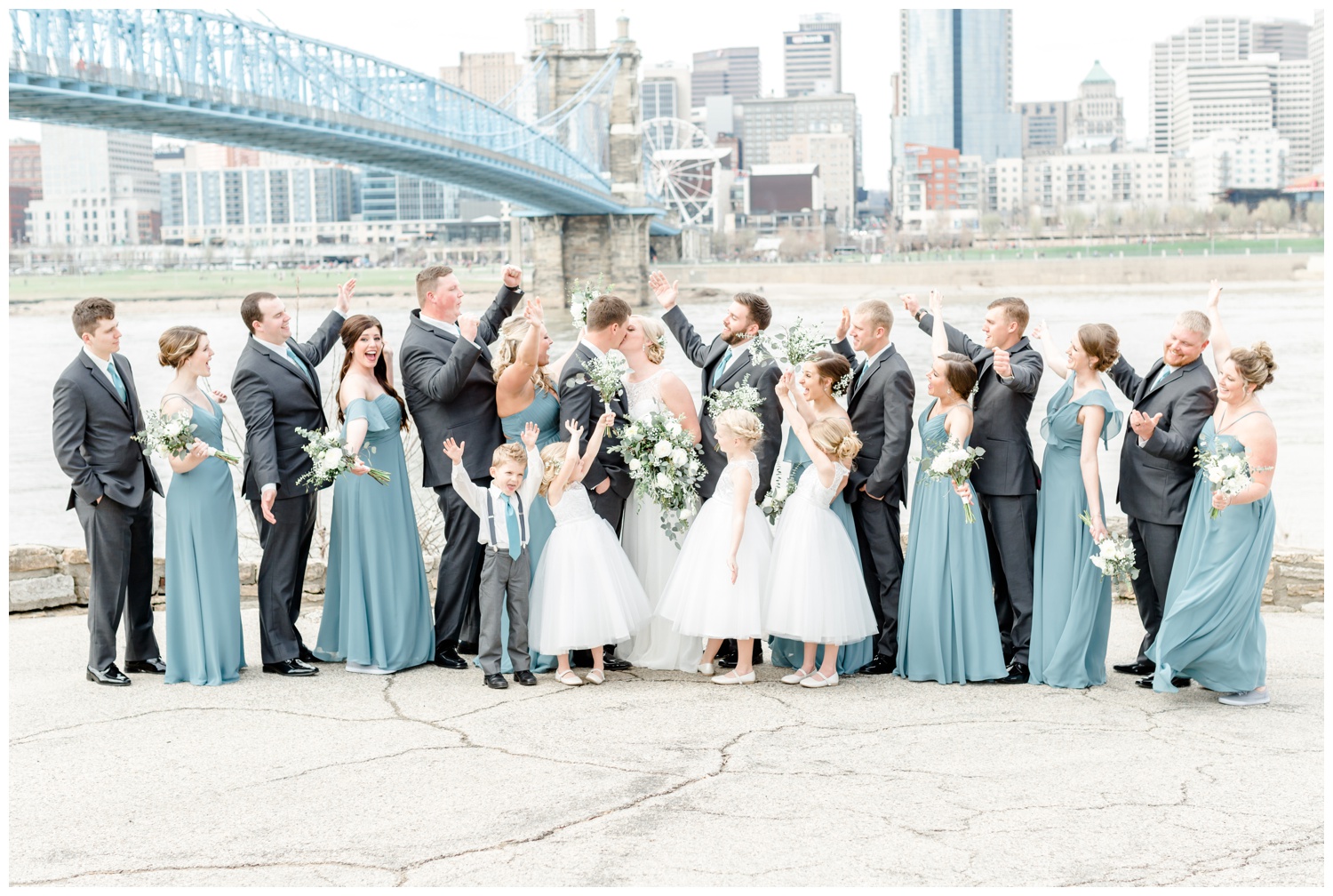 Bridal Party with Roebling Suspension Bridge - Cincinnati Wedding
