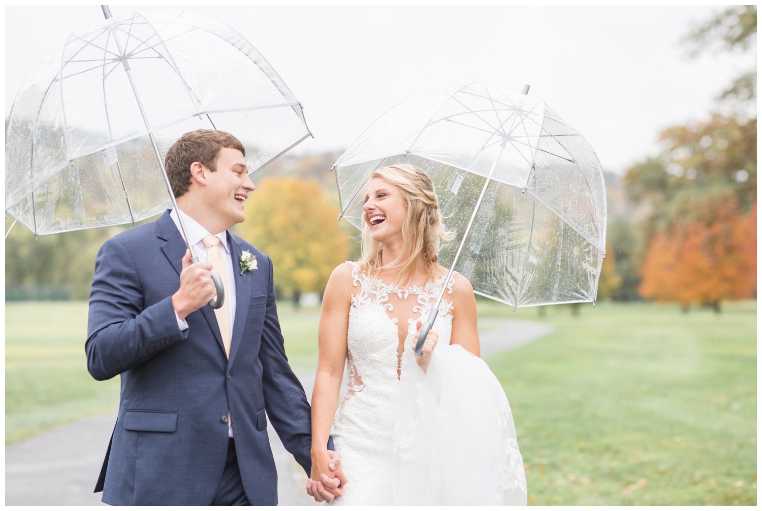 Rainy Fall Wedding Portraits - Bride and Groom with Umbrellas - Cincinnati Wedding