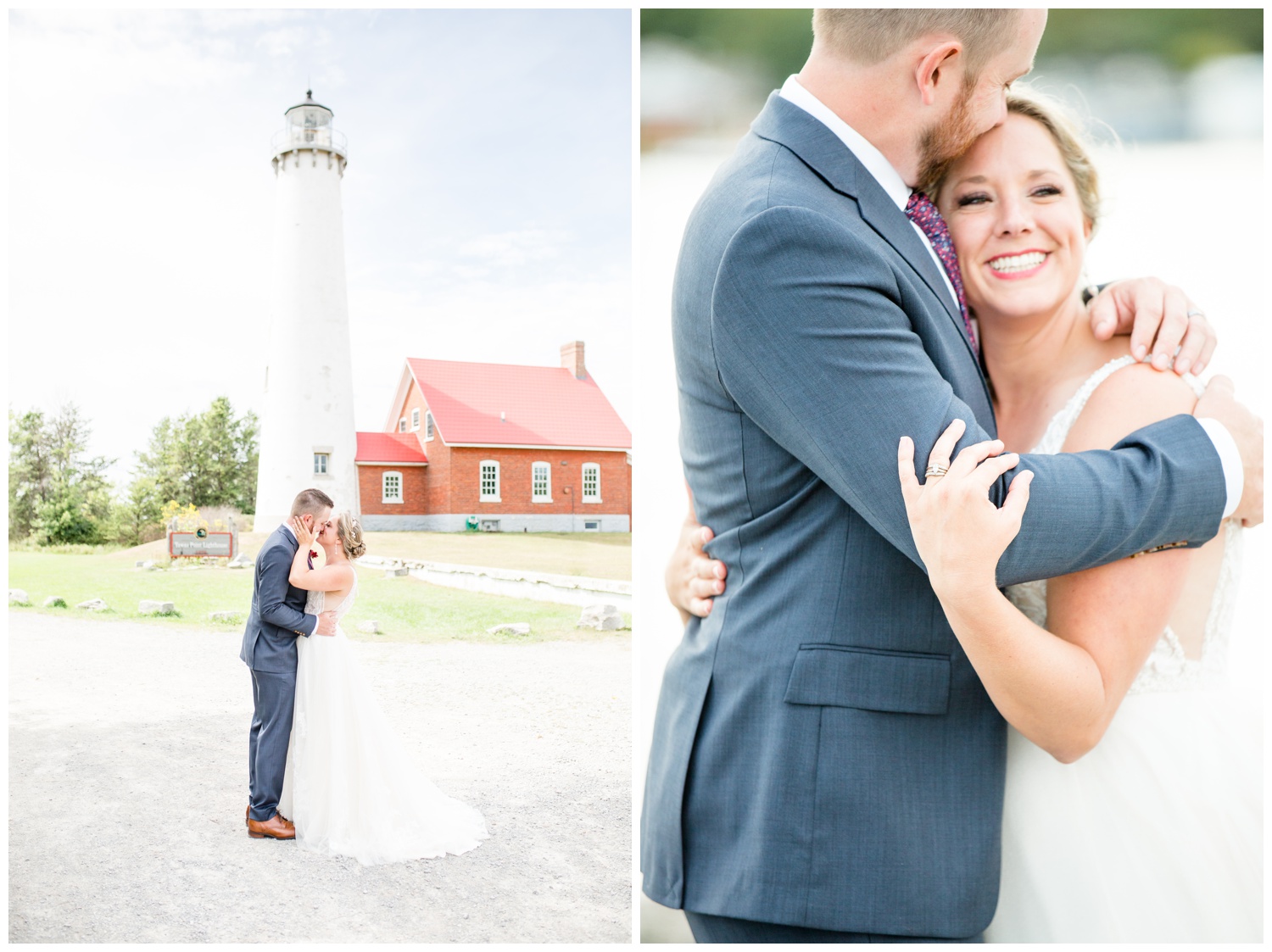 Michigan Wedding - Bride and Groom in Front of Lighthouse