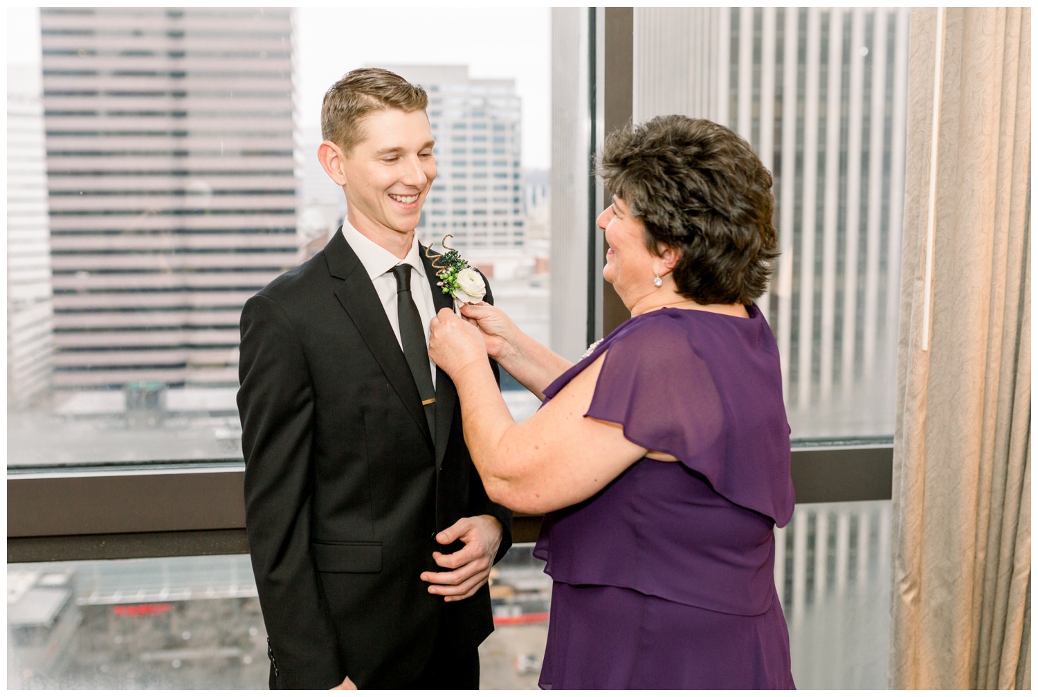 Groom with Mom - Putting on Boutonniere