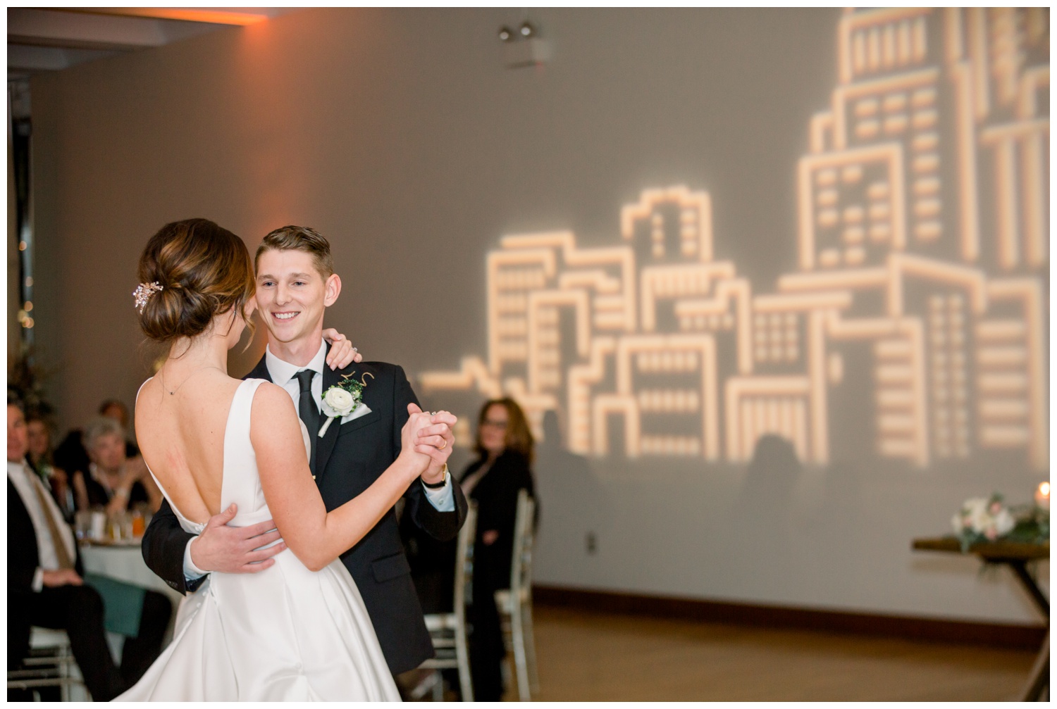 First Dance at The Center Cincinnati Wedding Reception - Cincinnati Skyline Lighting