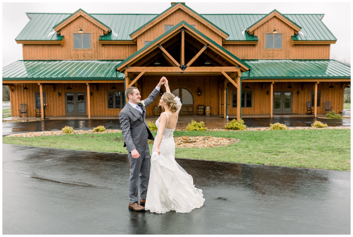 Bride and Groom Dancing in Front of Rolling Meadows Ranch