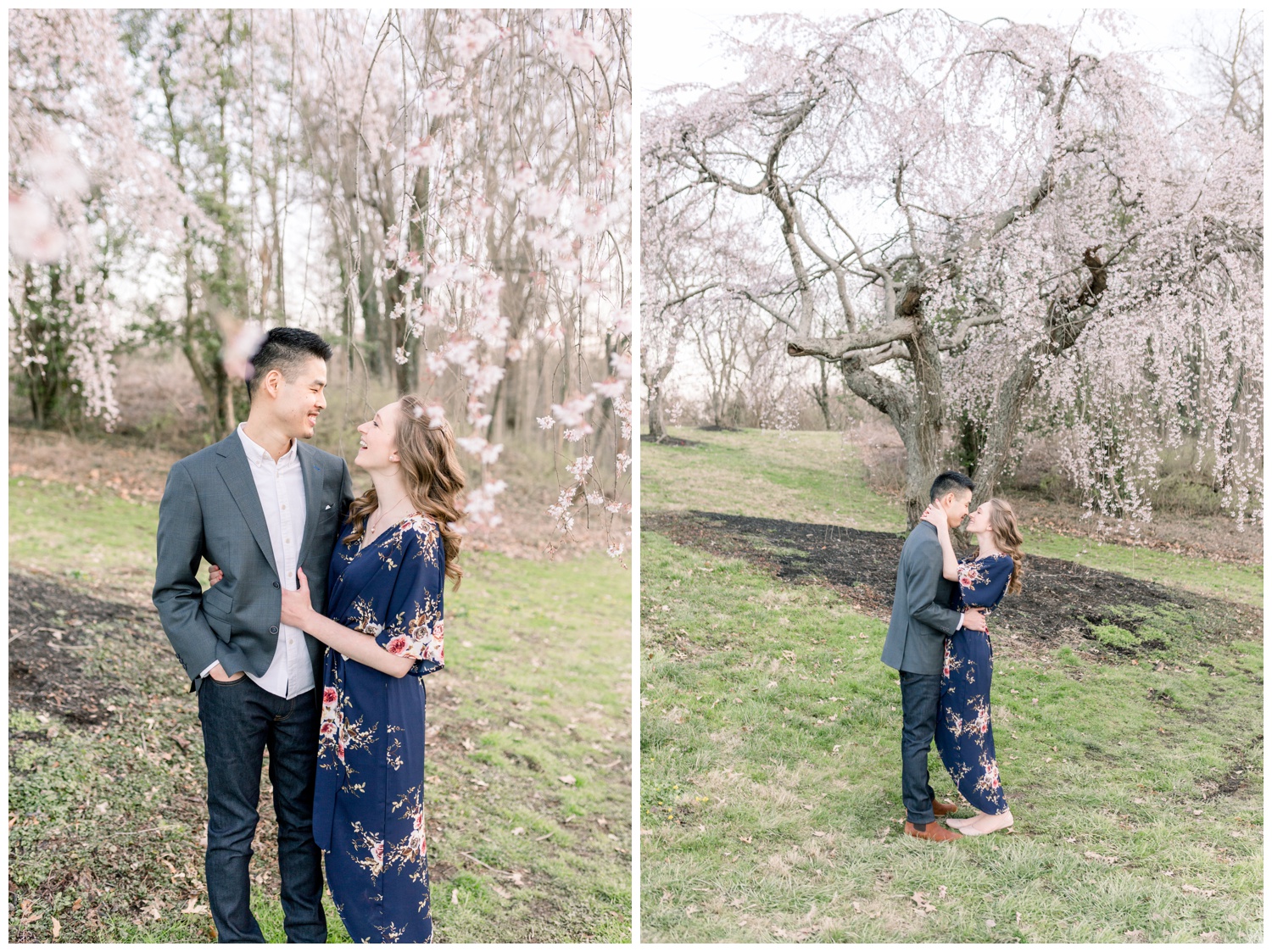 Engaged Couple with Weeping Cherry Blossoms at Ault Park in Spring