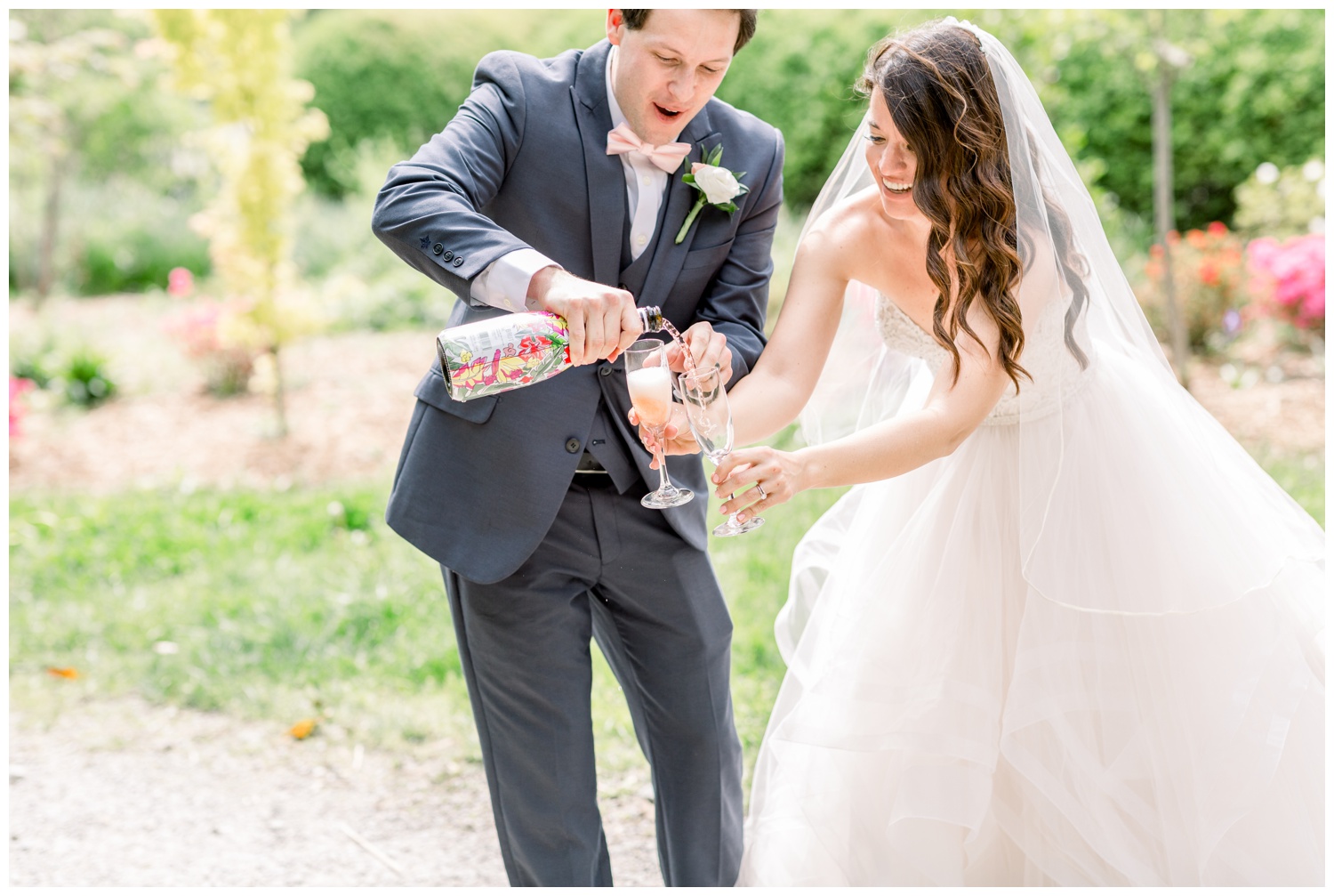 Bride and Groom Pouring Champagne at Ault Park Cincinnati
