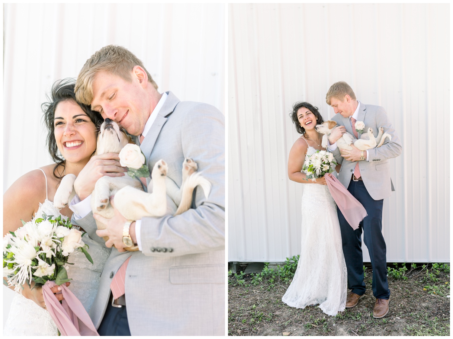 Bride and Groom with Puppy on Wedding Day