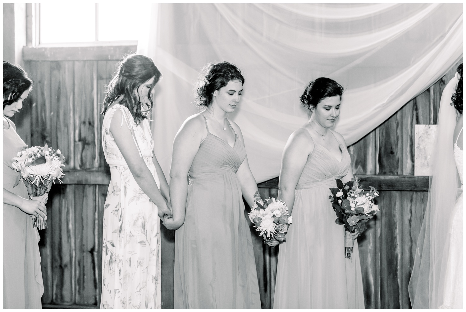 Micro Wedding in Family Barn - Bridesmaids Praying