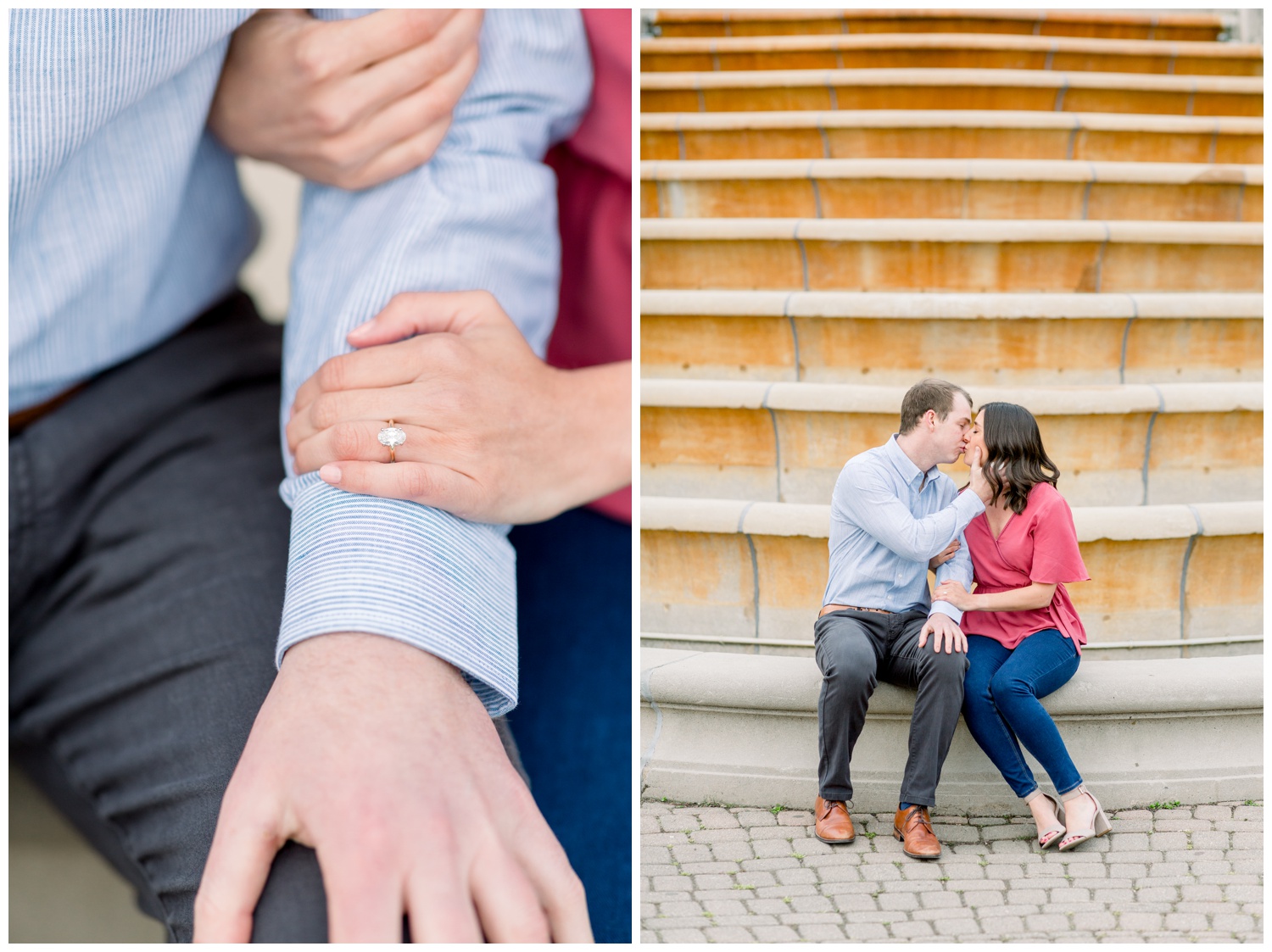 Kissing at Ault Park Fountain - Oval Cut Engagement Ring