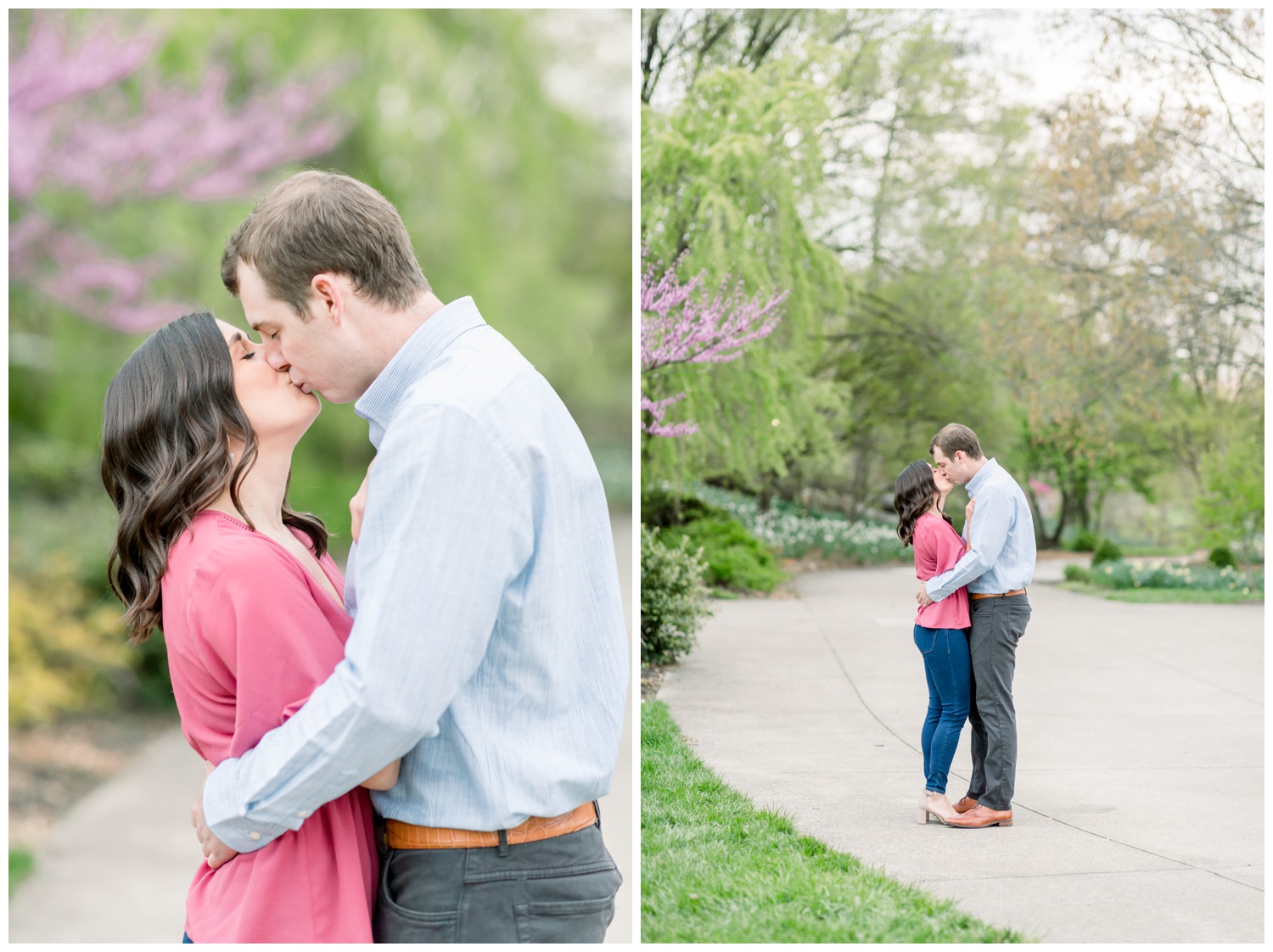 Engaged couple kissing in Ault Park Gardens