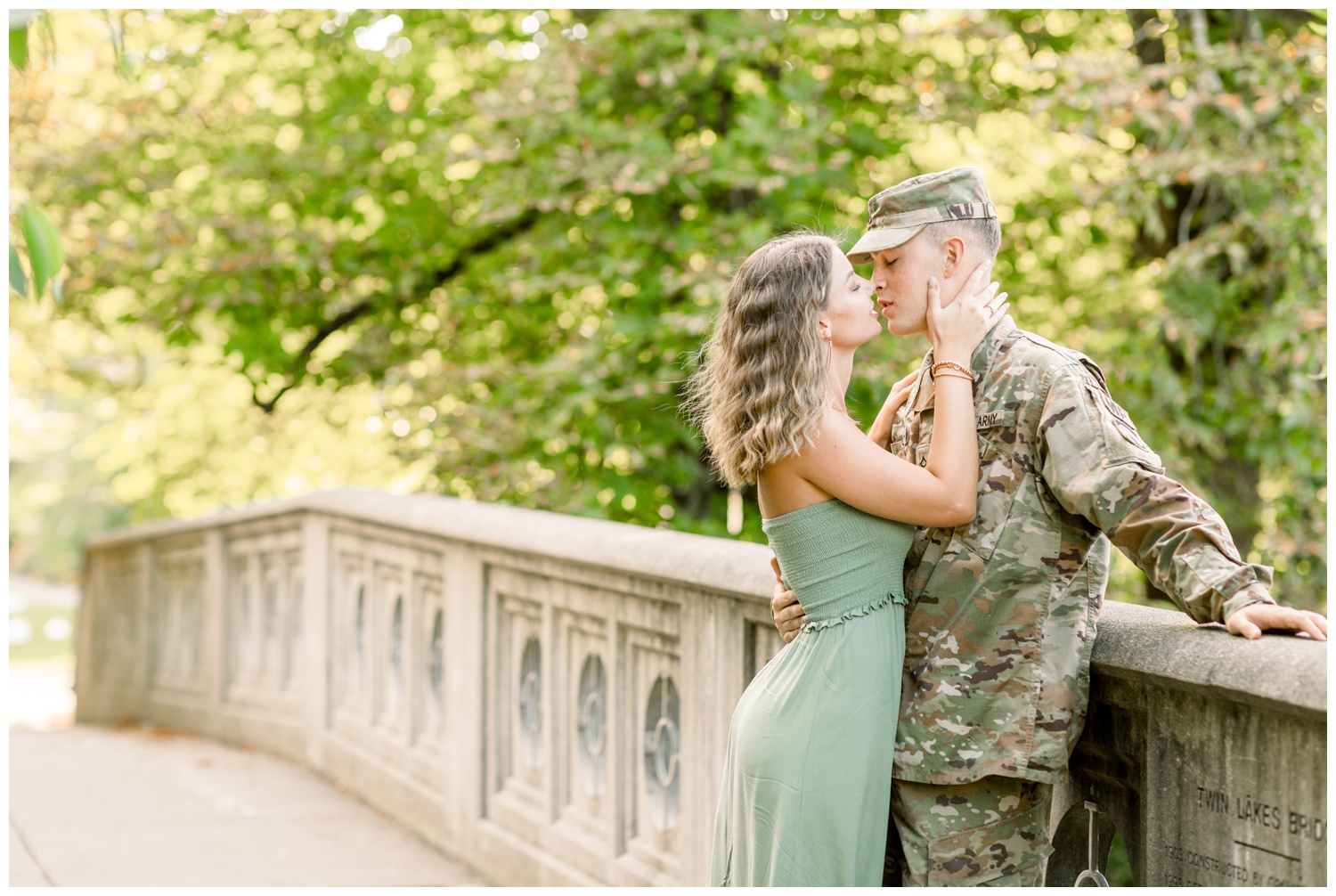 Army Couple Kissing at Twin Lakes Bridge in Eden Park Cincinnati