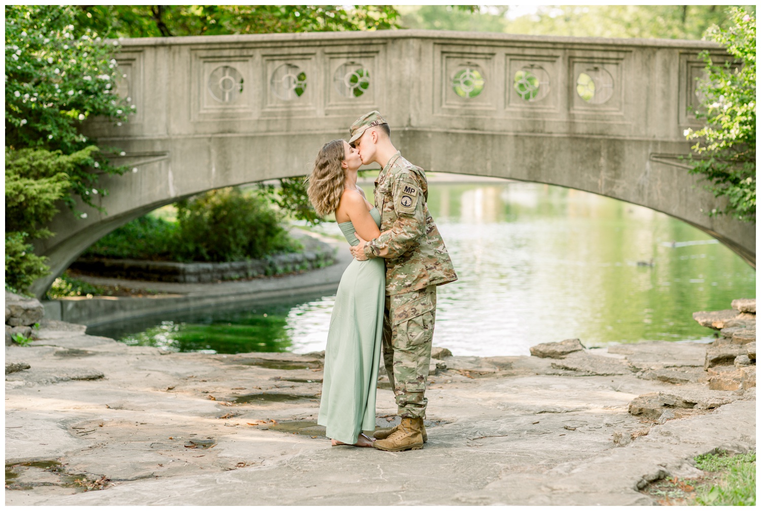 Army Couple Kissing at Twin Lakes Bridge in Eden Park - Cincinnati Wedding Photographers