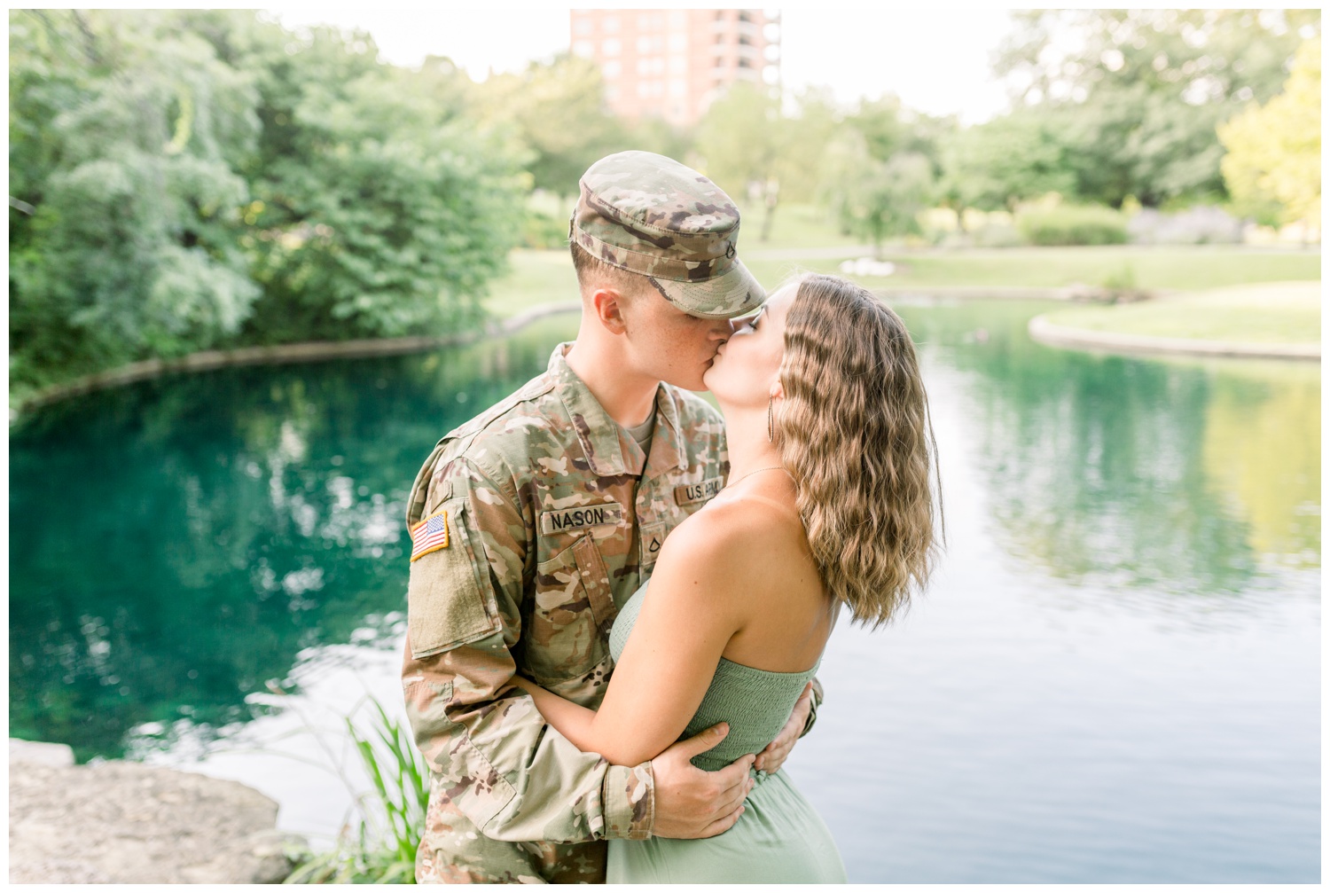 Army Couple Kissing at Lake at Eden Park