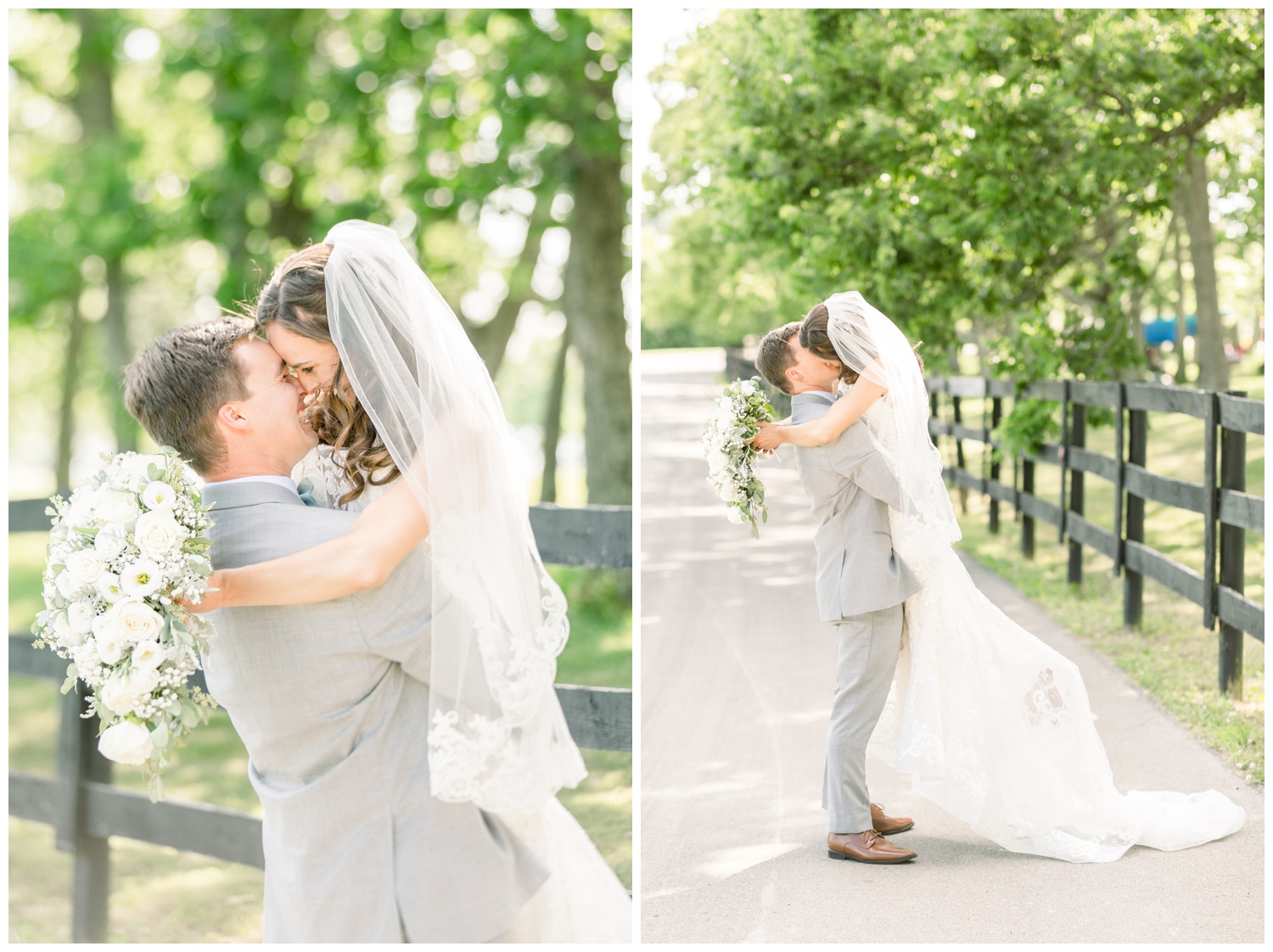 Bride and Groom Kissing by Fence Line - Lexington Wedding Photographers