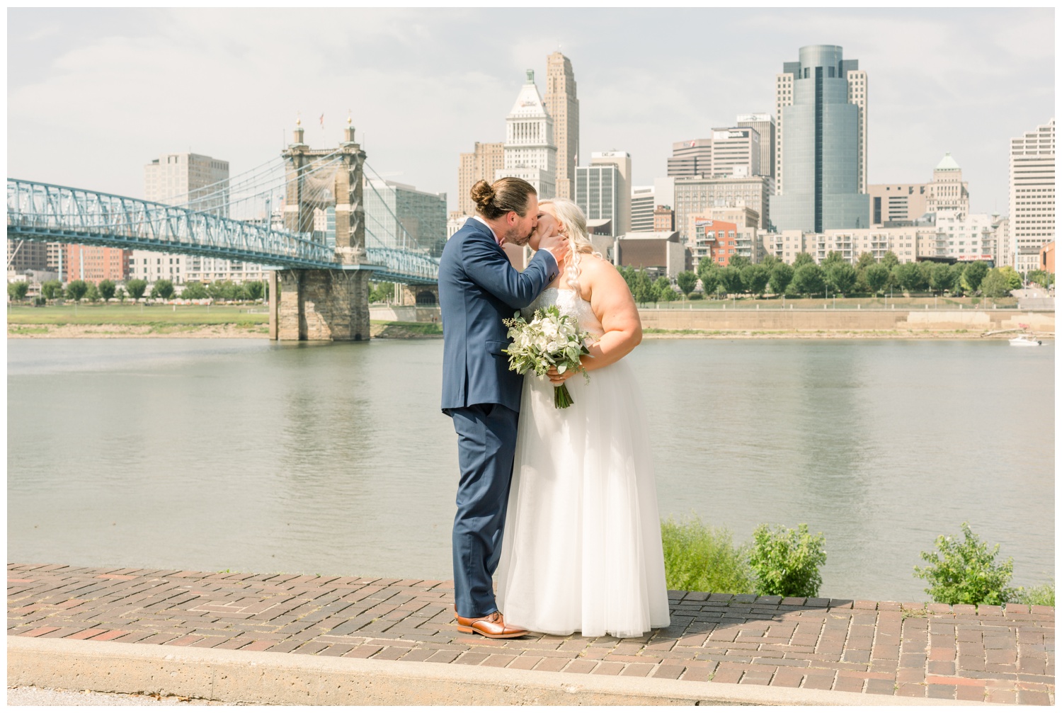 Bride and Groom at George Rogers Clark Park with Cincinnati Skyline on Riverside Drive