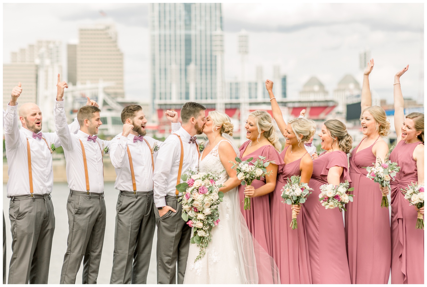 Bridal Party with Downtown Cincinnati in Background