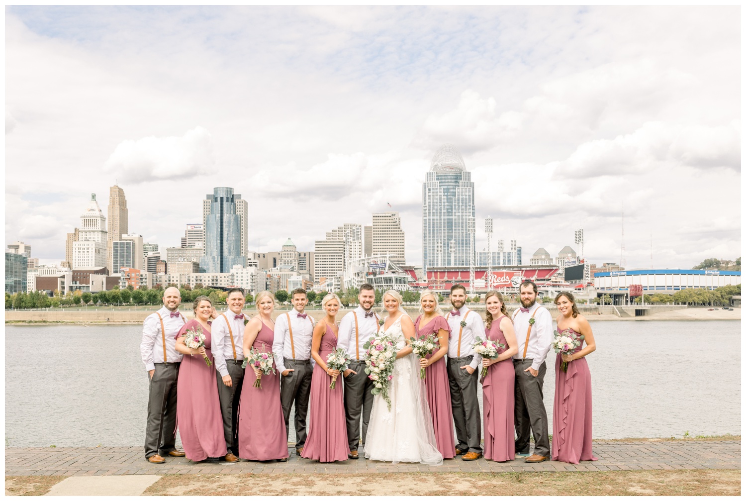 Cincinnati Skyline Wedding Pictures - Bridal Party on Riverside Drive in Covington