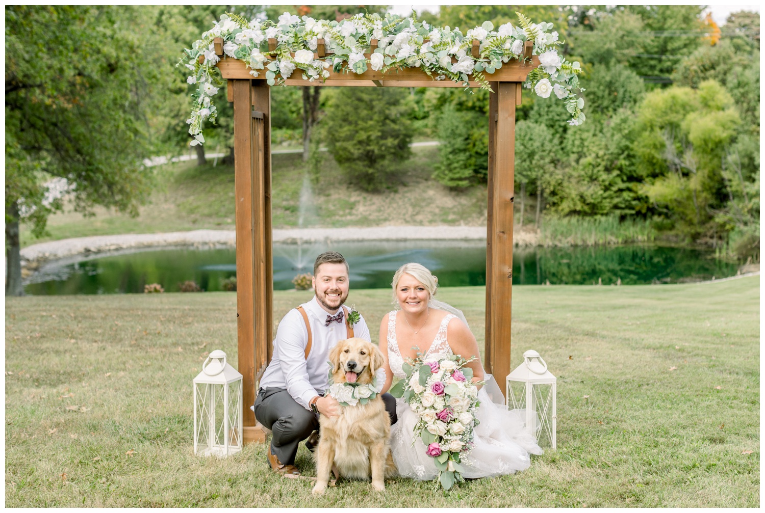 Bride and Groom with Dog at Backyard Wedding