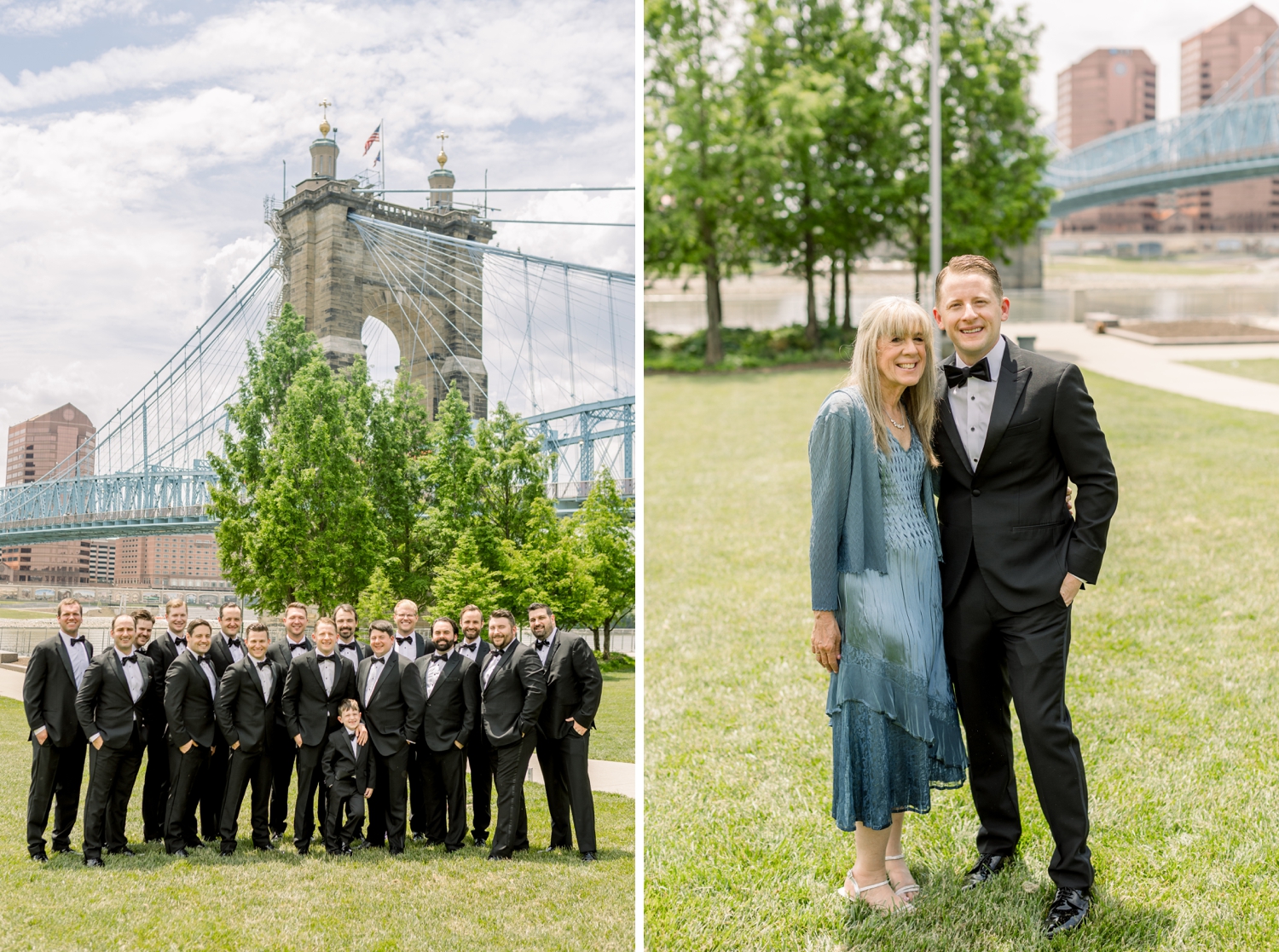Groomsmen with Roebling Bridge in Cincinnati Wedding