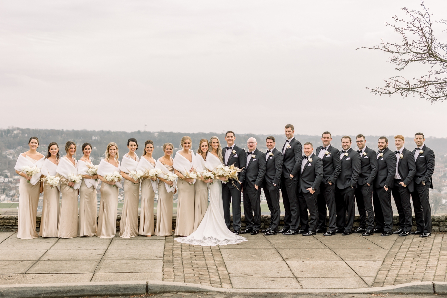 Large Bridal Party at Cincinnati Eden Park Overlook on New Years Eve