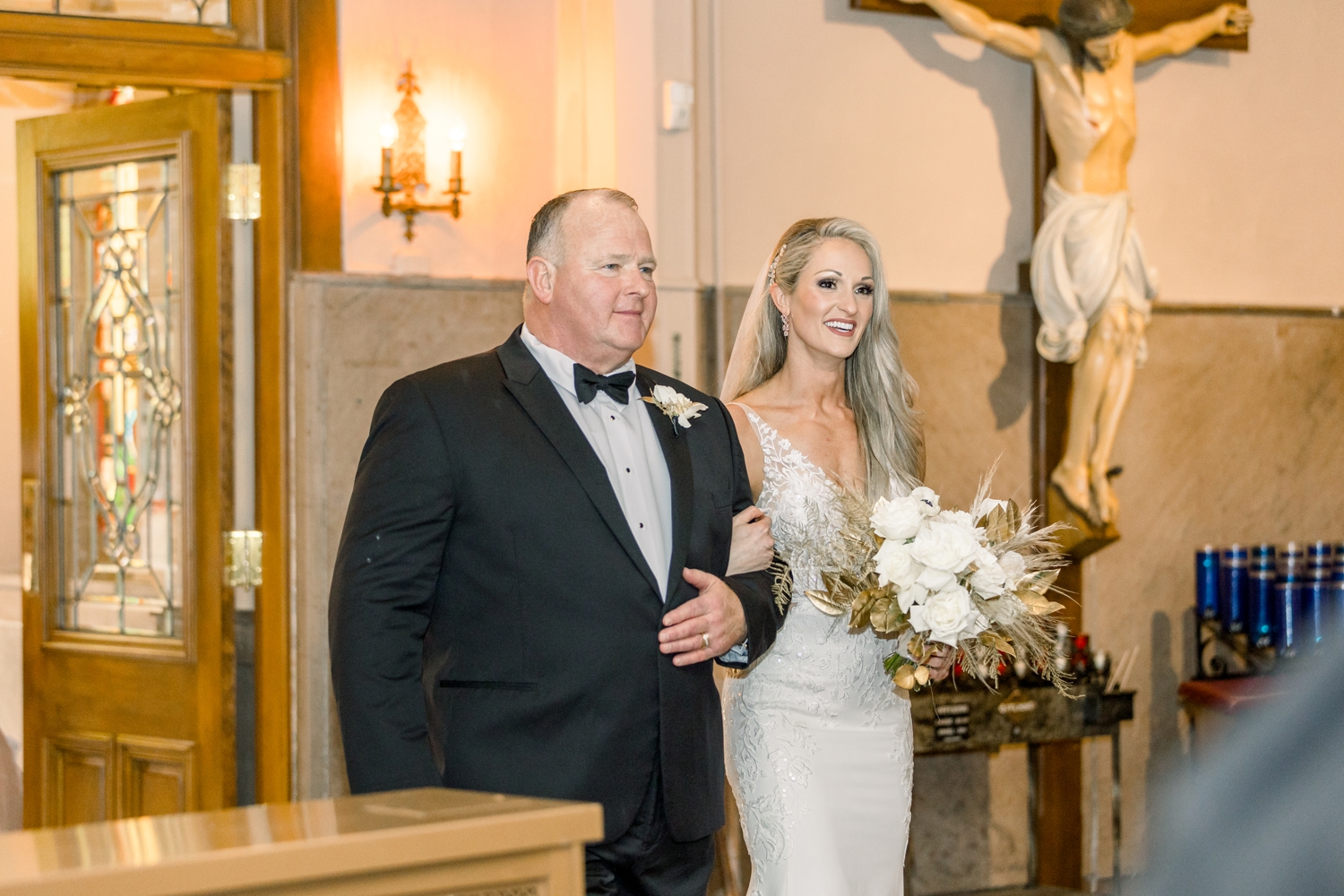 Bride and Dad Walking Down Aisle at Holy Cross Immaculata in Cincinnati
