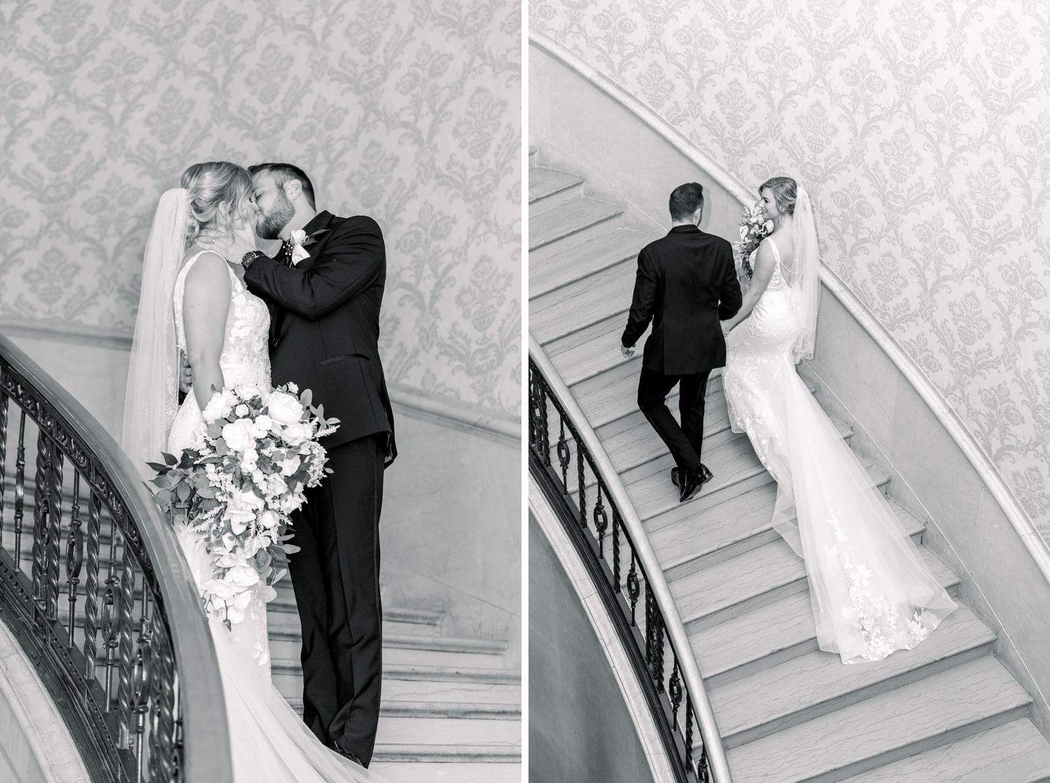 Bride and Groom on The Cincinnati Club Staircase