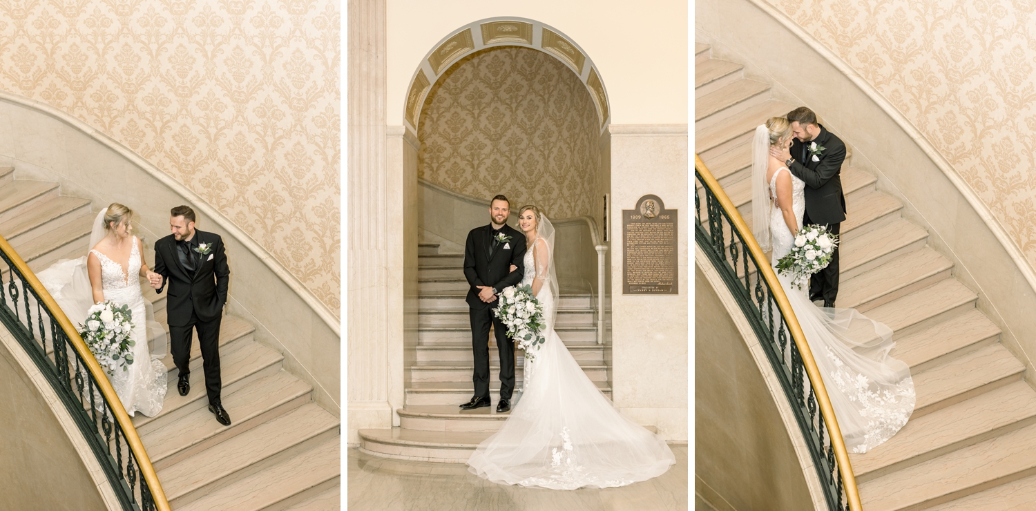 Bride and Groom on The Cincinnati Club Staircase for their Wedding