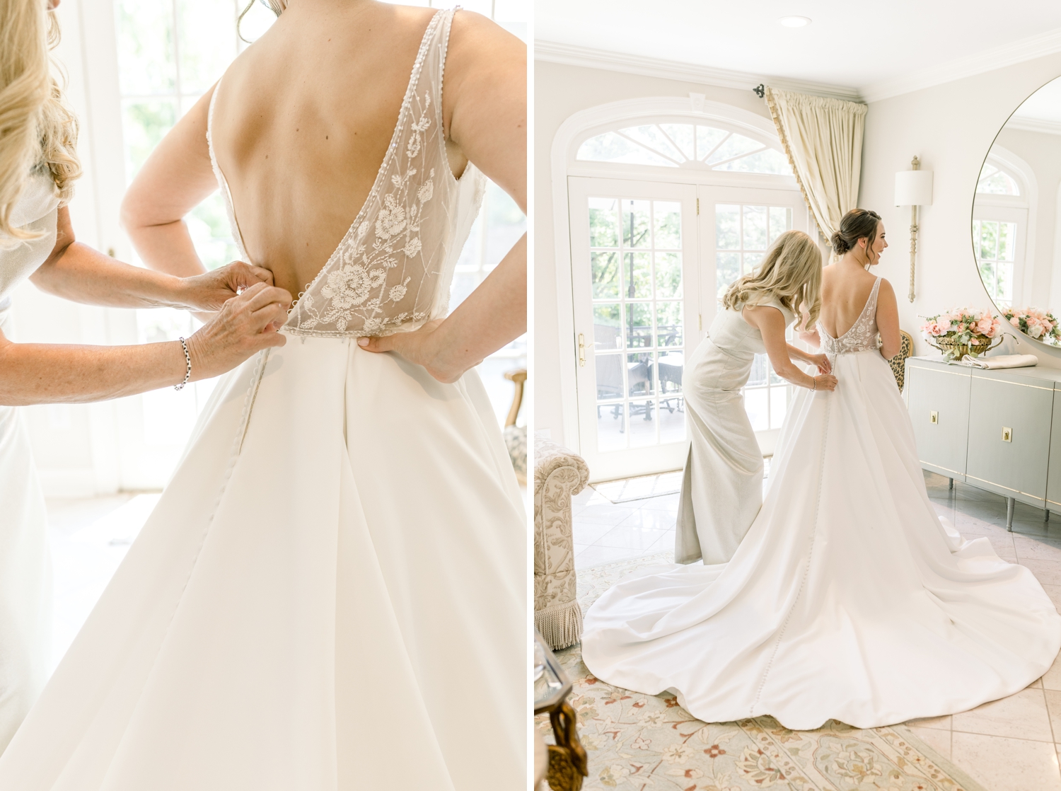 Bride Getting into Wedding Dress with Mom