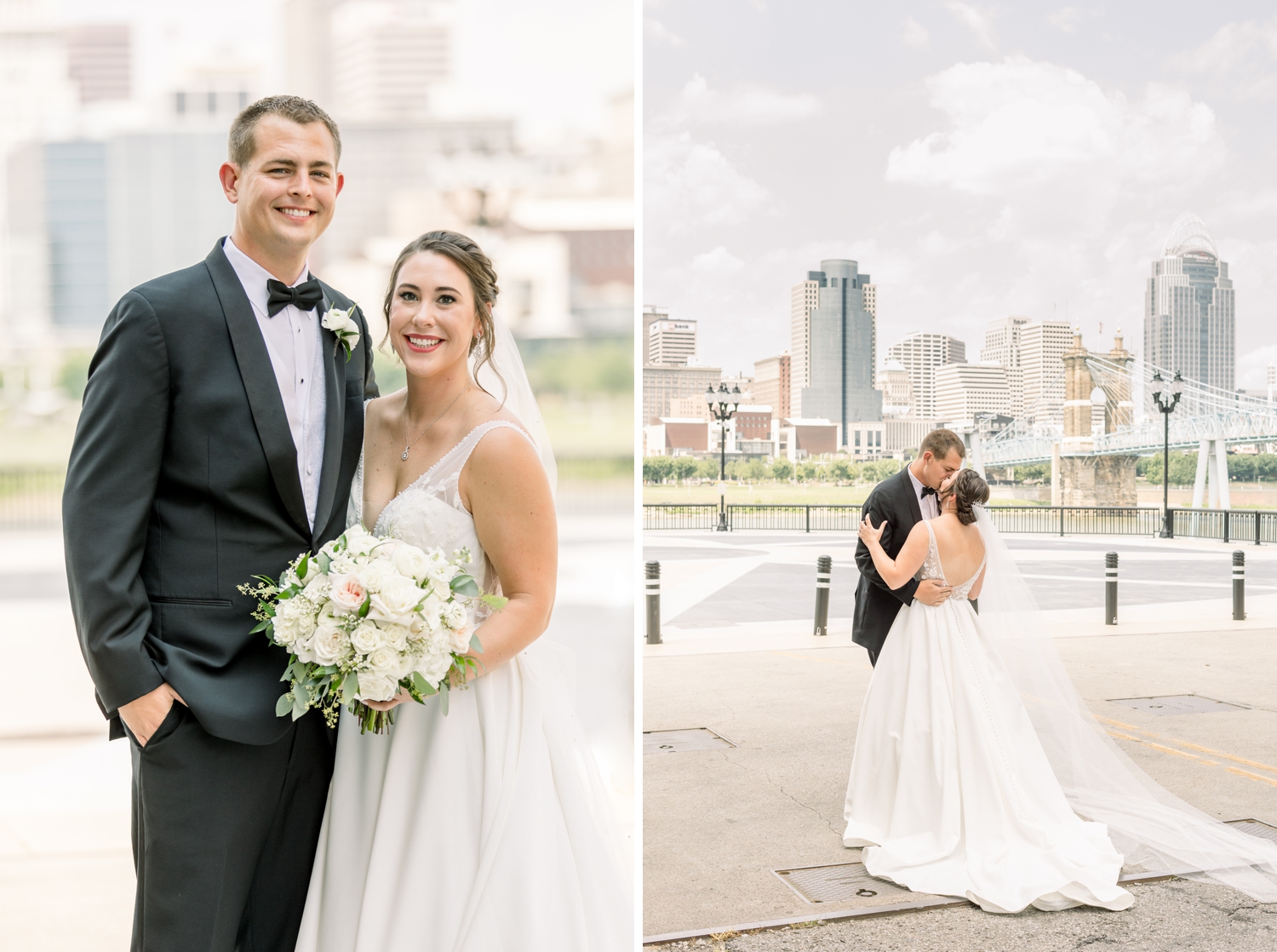 Bride and Groom with Cincinnati Skyline in Background