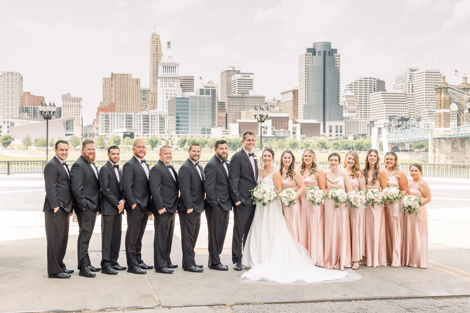 Cincinnati Bridal Party in Covington with City Skyline